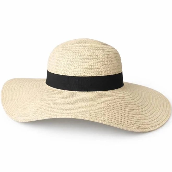 Wide Brim Straw Sun Hat with Black Ribbon