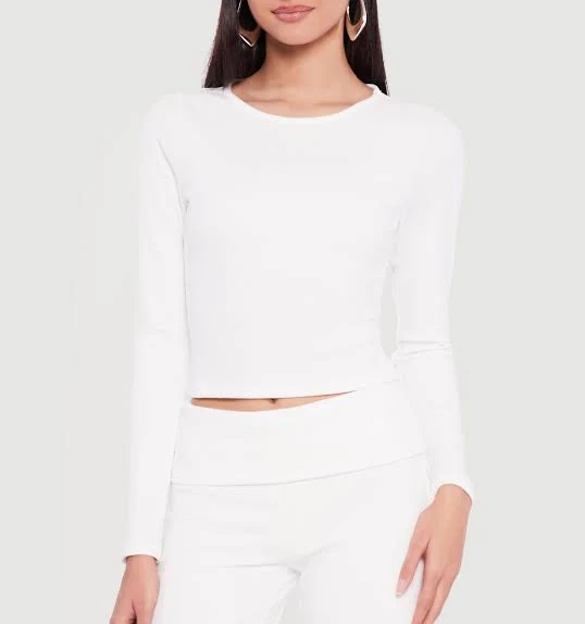 Women's Rib Knit Long Sleeve Crew Neck Crop Top