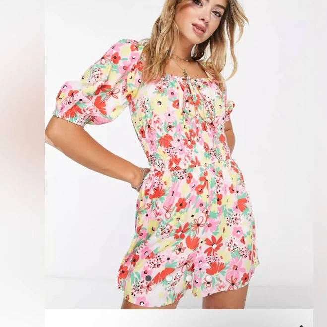 Floral Print Puff Sleeve Romper