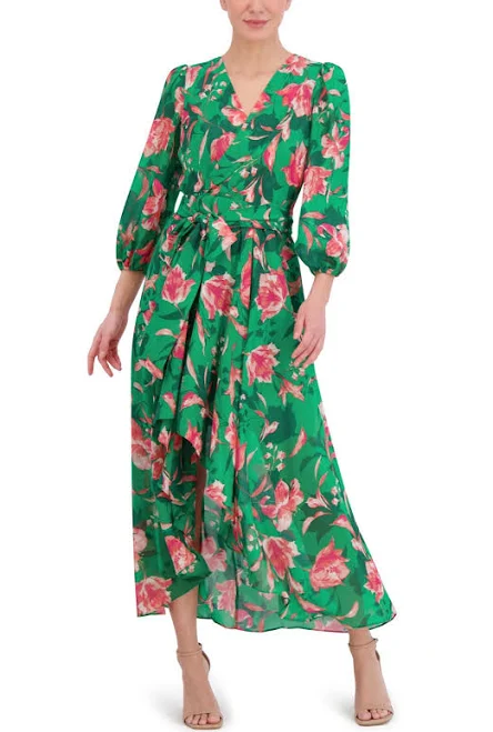 Eliza J Women's V-Neck Faux Wrap Hi-Low Midi Dress in Floral Green Size 8 | eBay