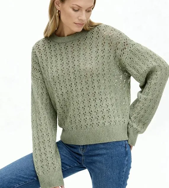 Women's Open Knit Cotton Crew Neck Sweater