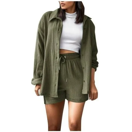 Women's Linen Long Sleeve Button Up Shirt and Drawstring Shorts Outfit