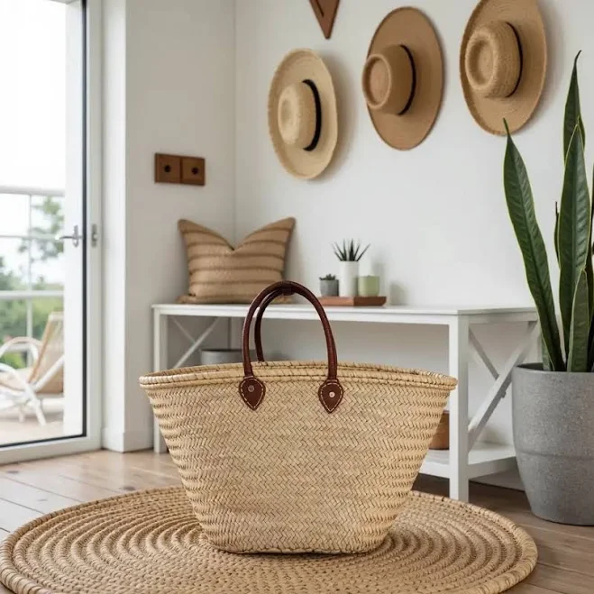 French Market Basket Tote Bag with Leather Handles