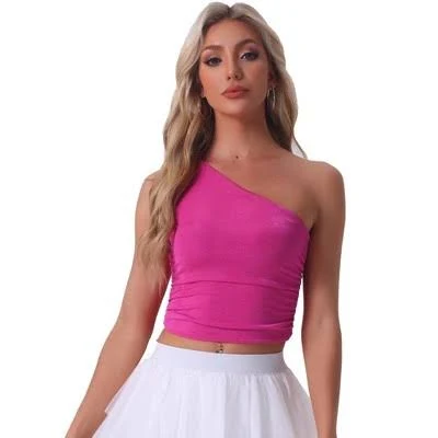Allegra K Women's Sleeveless One-Shoulder Ruched Tank Crop Top
