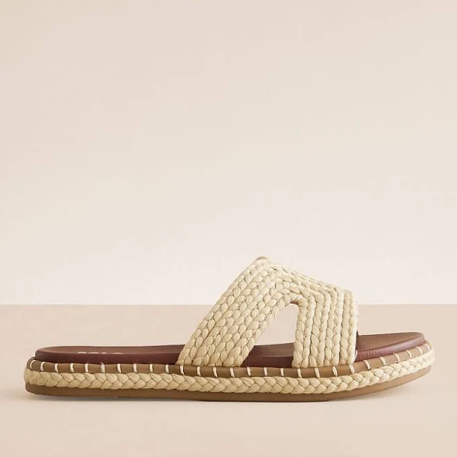 Woven flat sandals with ankle tie