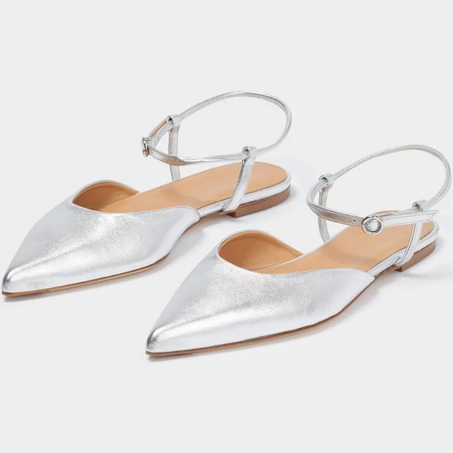 Metallic Silver Pointed-Toe Vegan Leather Flats With Ankle Strap, Silver / 9.5
