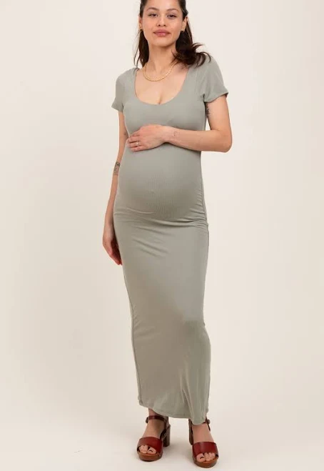 Sage Double Layered Ribbed Scoop Neck Maternity Maxi Dress