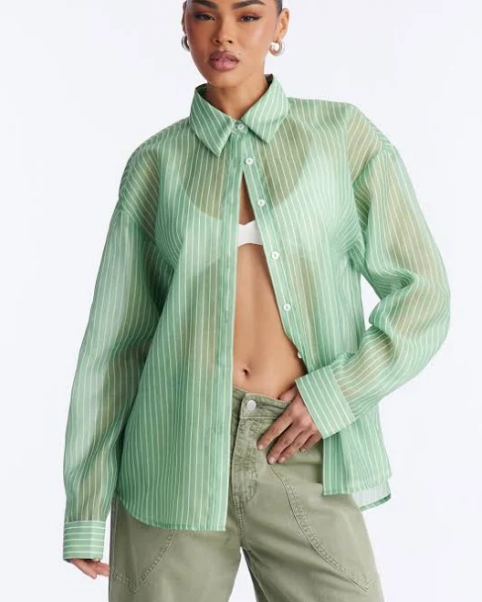 Fashion Nova Sheer Long Sleeve Button Up Shirt