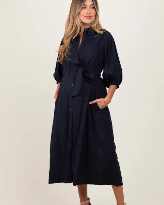 Navy 3/4 Bubble Sleeve Maternity Midi Shirt Dress