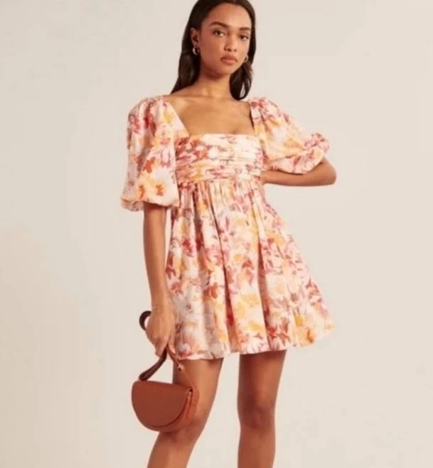 Abercrombie & Fitch Pink Orange Floral Ruchedbodice Puff Sleeve Mini