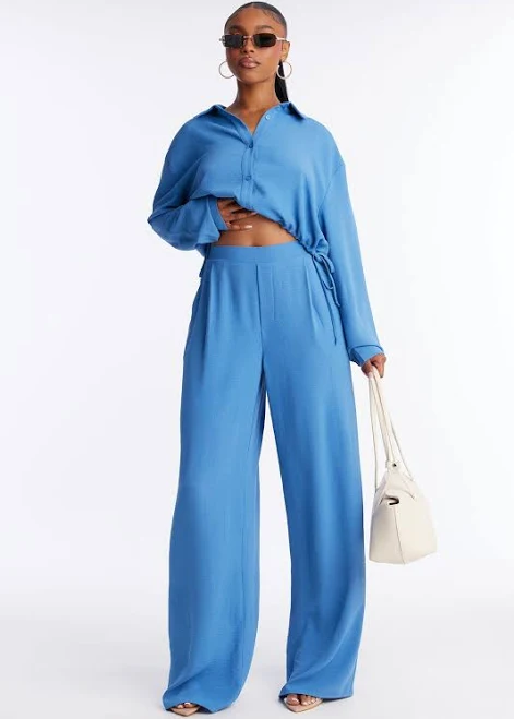Fashion Nova Long Sleeve Cropped Button Up Shirt and Wide Leg Pant Set