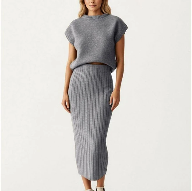 Women's Ribbed Knit Sleeveless Top and Matching High Waist Midi Skirt Set with Soft Textured Finish