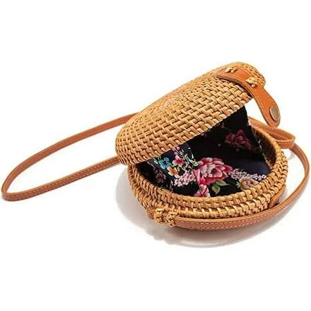 Namzi Handwoven Circle Rattan Straw Crossbody Bag with Leather Strap