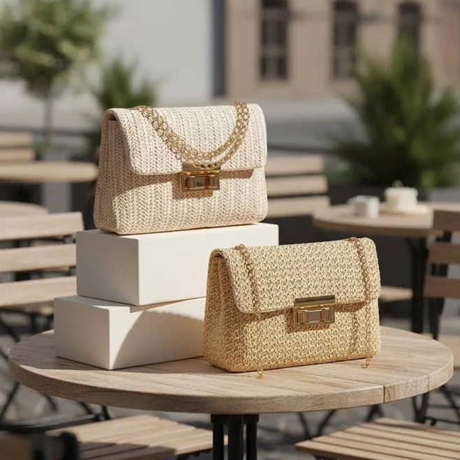 Straw Chain Crossbody Clutch Handbag