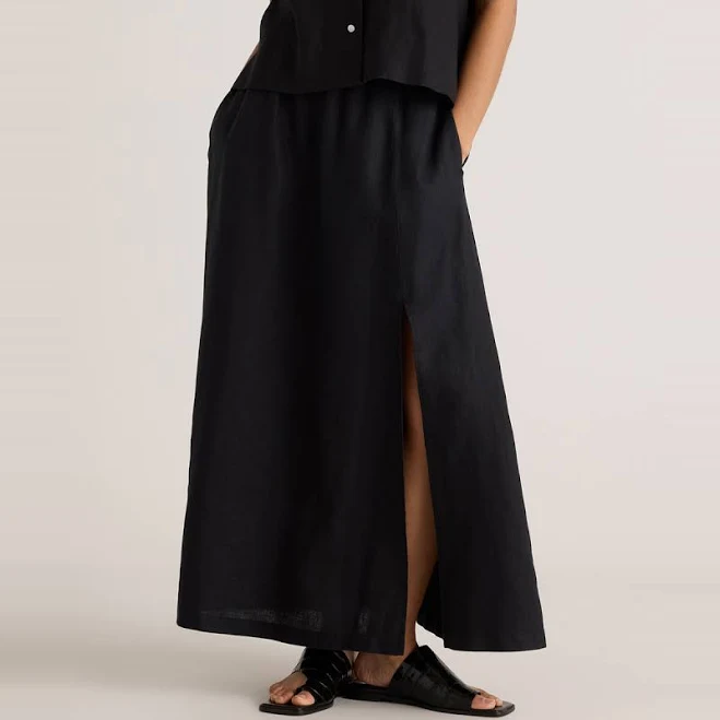 100% European Linen Maxi Skirt in Black