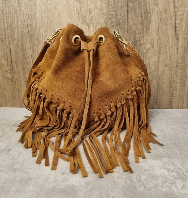 Italian Suede Leather Fringe Crossbody Bag