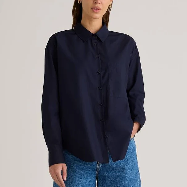 100% Organic Cotton Poplin Long Sleeve Boyfriend Shirt in Navy