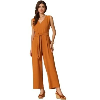 Inspire Chic Women's V Neck Tie Front Wide Leg Jumpsuit