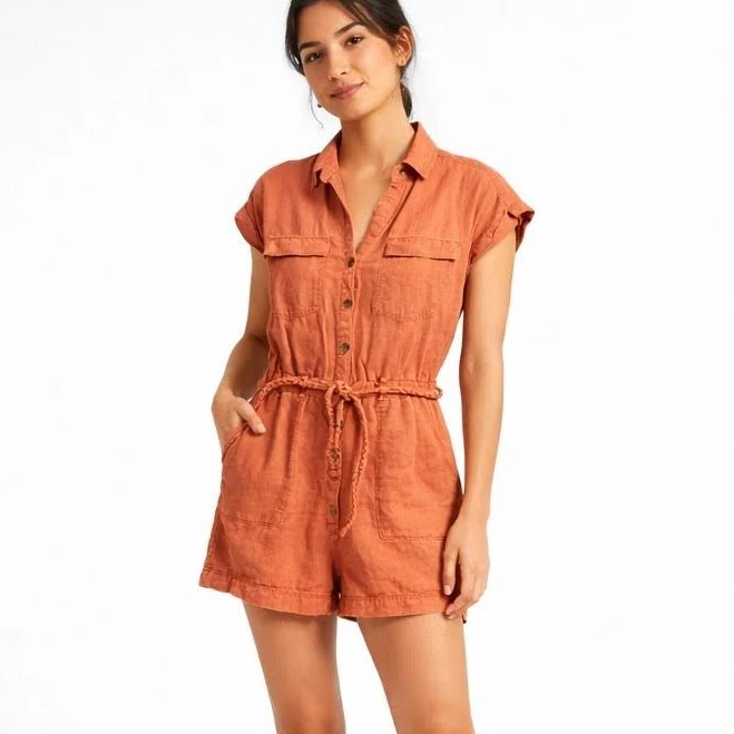 Nicole Miller Linen Romper Xs Orangeterracota Utility Belted Button