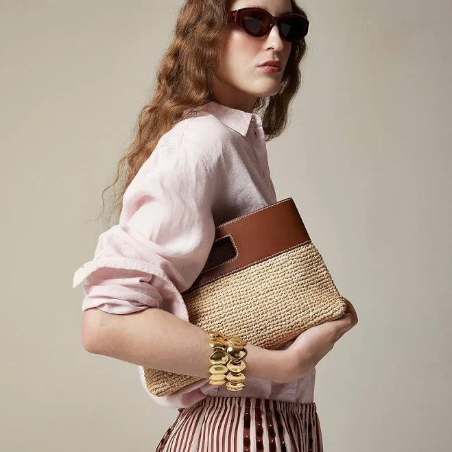 J.Crew Women's Handknotted Raffia Rectangular Clutch with Leather Handles