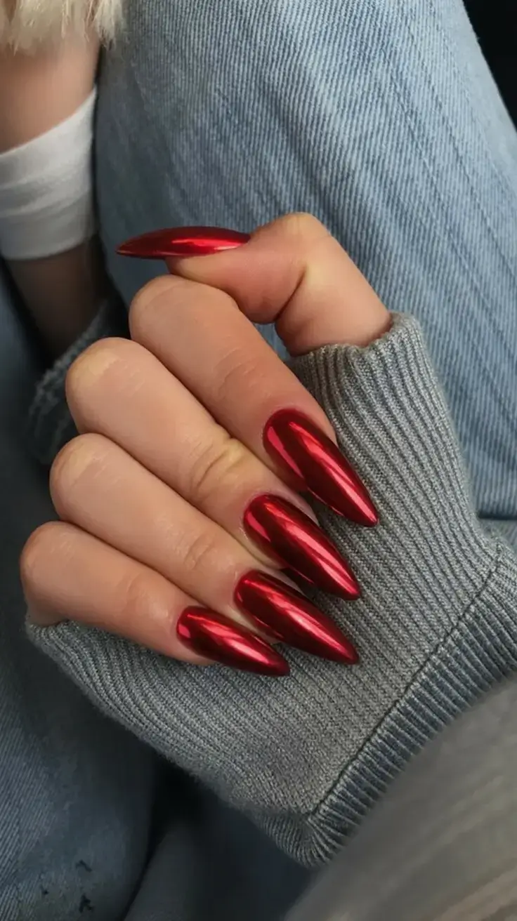 sophisticated spring long nails 2026 trends Red Chrome Stiletto Nails for Bold High-Fashion Drama
