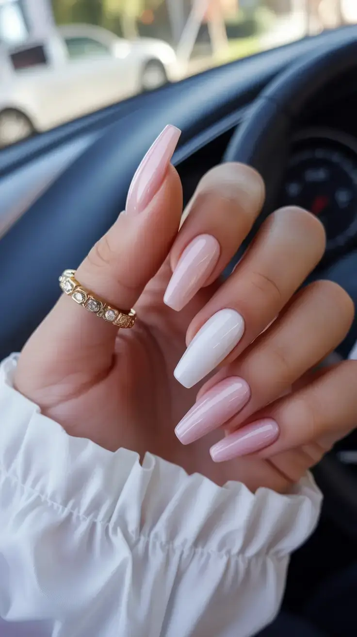 sophisticated spring long nails 2026 trends Soft Pink and White Coffin Nails for Elegant Contrast