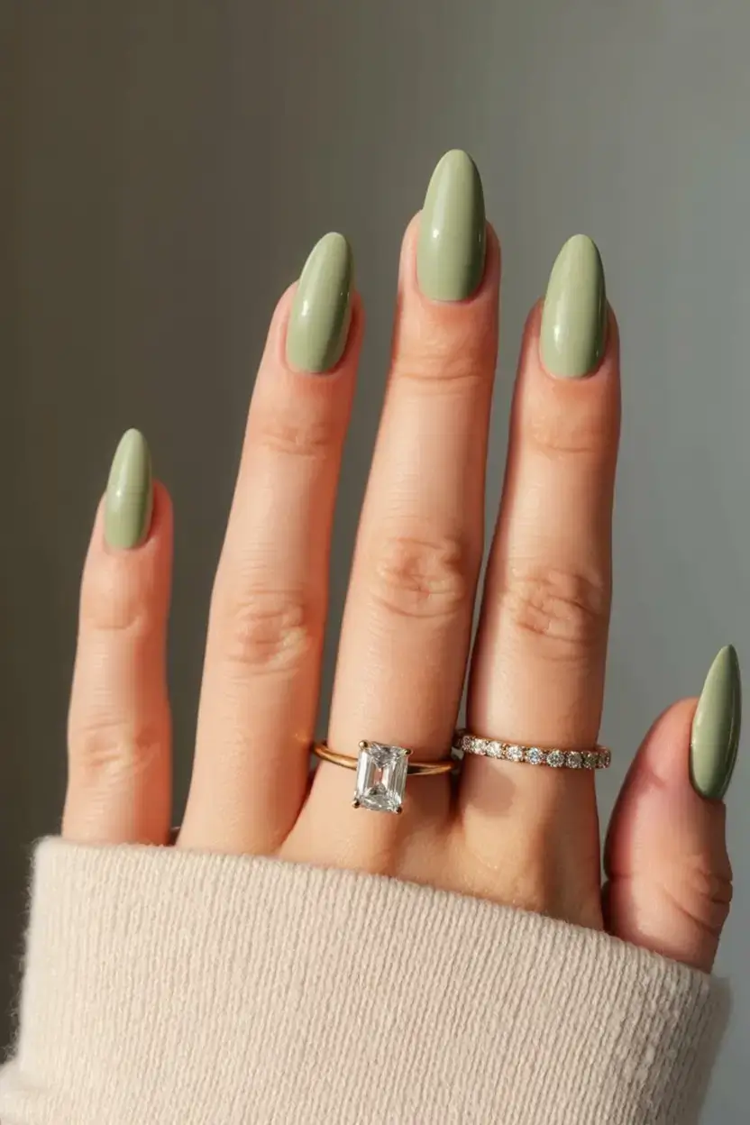 sophisticated spring long nails 2026 trends Muted Sage Green Almond Nails for Earthy Spring Style