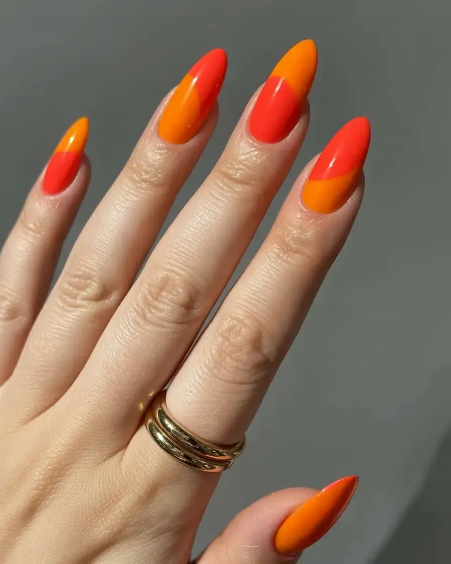 sophisticated spring long nails 2026 trends Sunset Color-Block Almond Nails for Playful Spring Energy