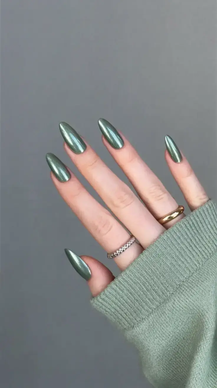sophisticated spring long nails 2026 trends Metallic Olive Chrome Nails for Modern Spring Edge