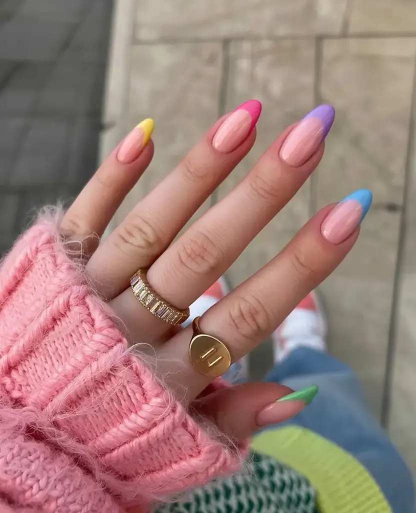 sophisticated spring long nails 2026 trends Pastel Rainbow French Tips for Playful Spring Creativity