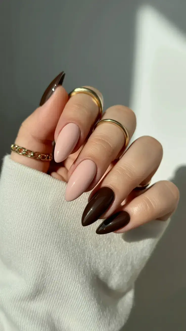 sophisticated spring long nails 2026 trends Chocolate and Nude Almond Nails for Modern Minimalism