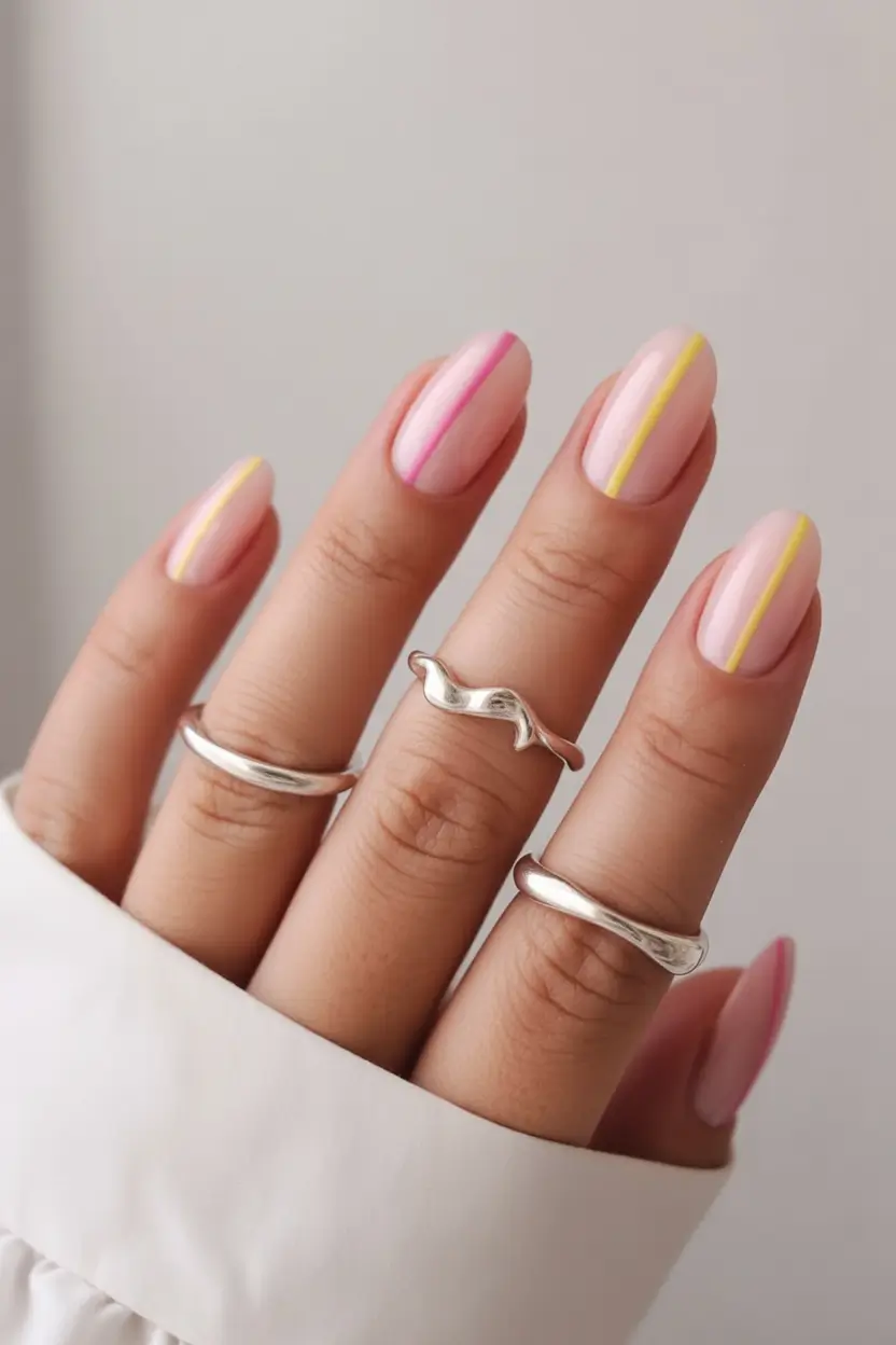 spring to summer season nail art ideas 2026 Minimal Nude Nails with Delicate Neon Pinstripes