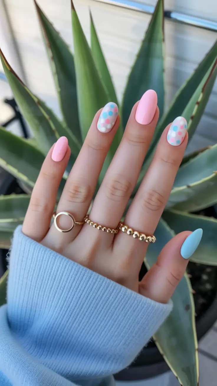 spring to summer season nail art ideas 2026 Pastel Polka Dot Almond Nails with Soft Candy Colors
