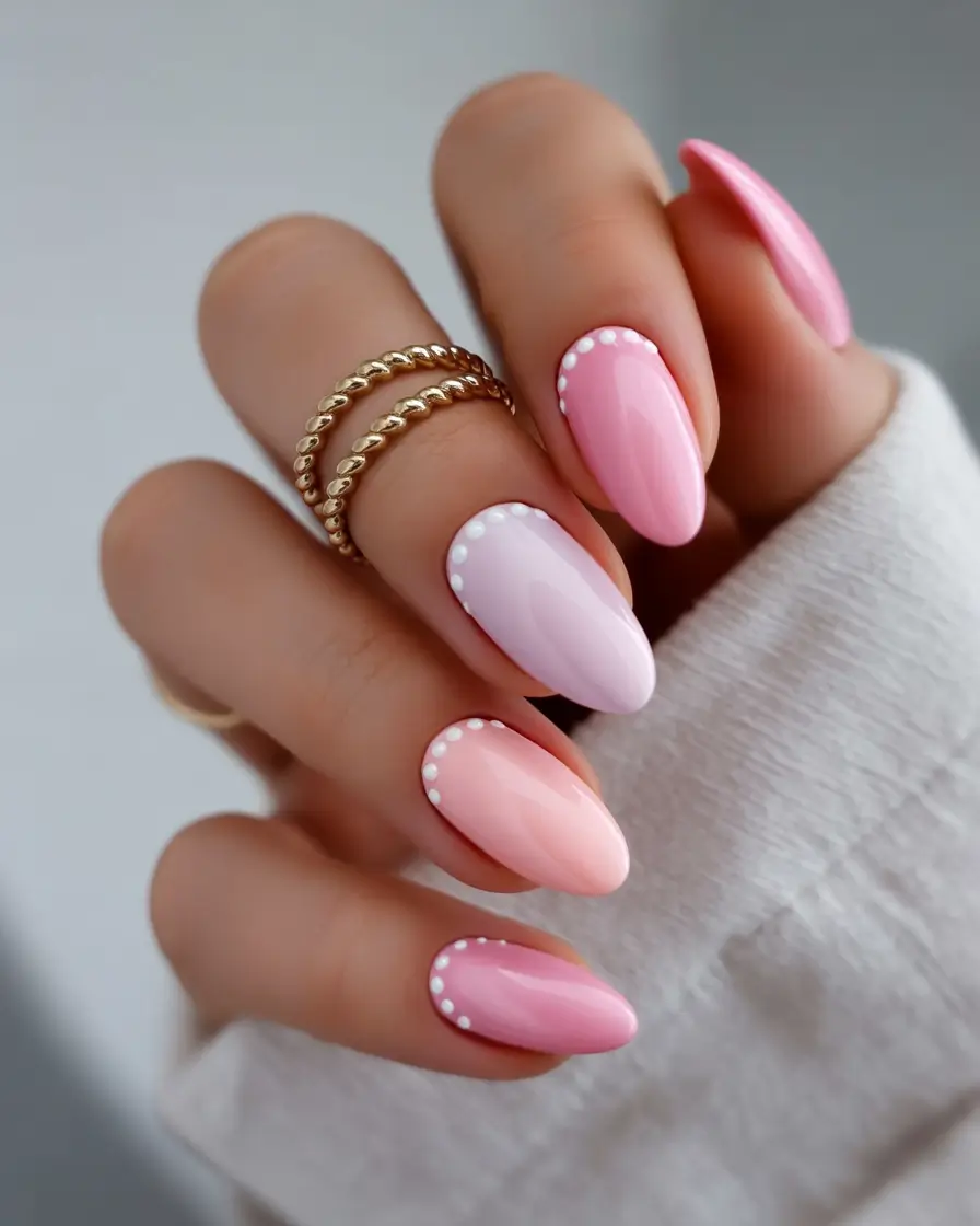 spring to summer season nail art ideas 2026 Glossy Pink Ombre Almond Nails with Delicate Cuticle Dots