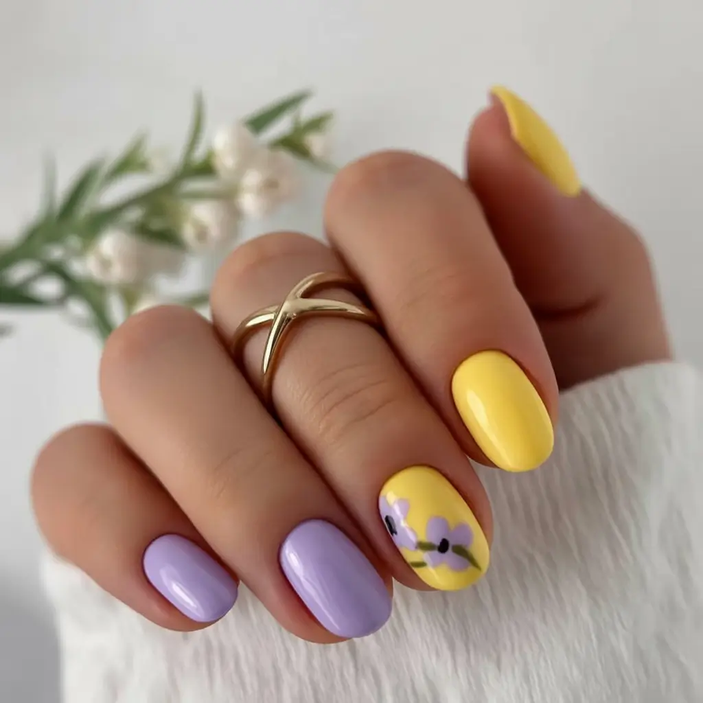 spring to summer season nail art ideas 2026 Sunny Yellow and Lavender Spring Flower Nails