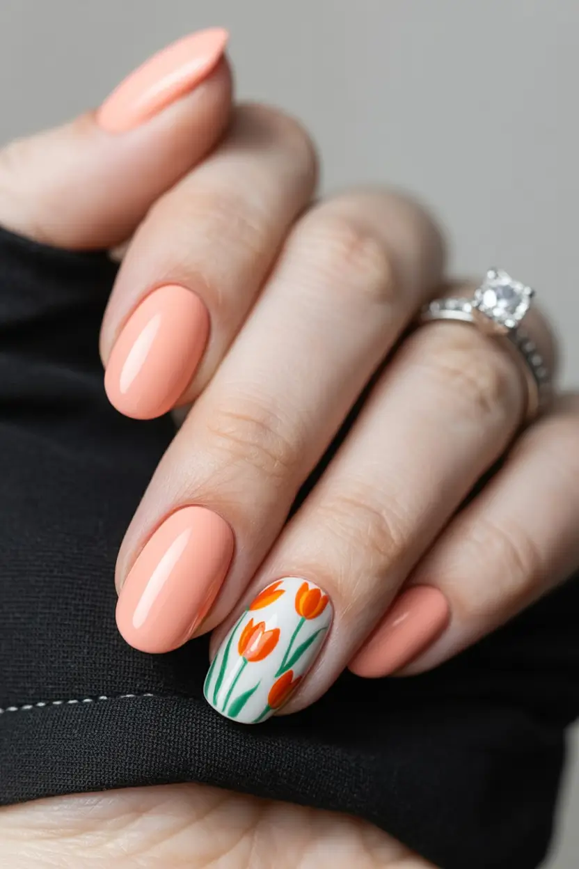 spring to summer season nail art ideas 2026 Peach Gloss Nails with Hand Painted Tulip Accent