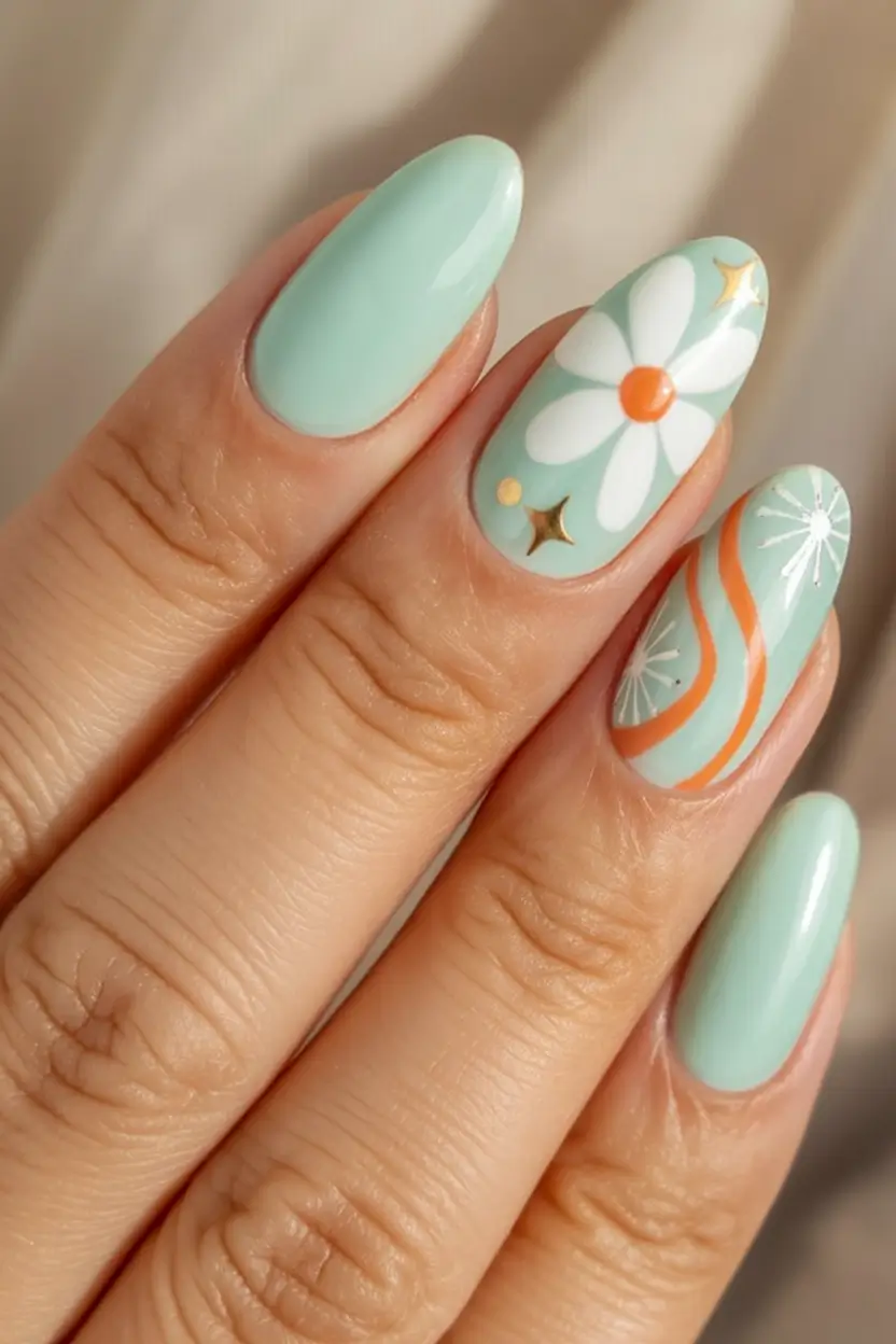 spring to summer season nail art ideas 2026 Mint Green Daisy and Retro Wave Accent Nails