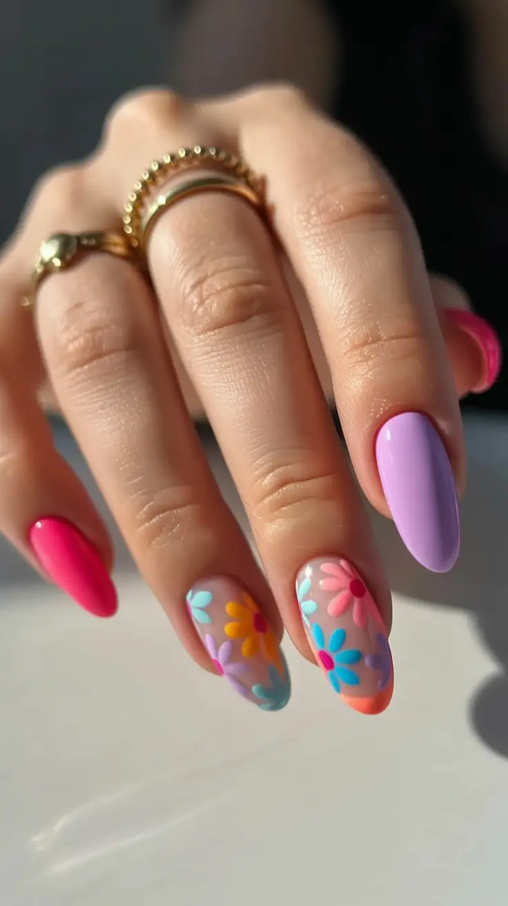 spring to summer season nail art ideas 2026 Vibrant Floral Garden Almond Nails