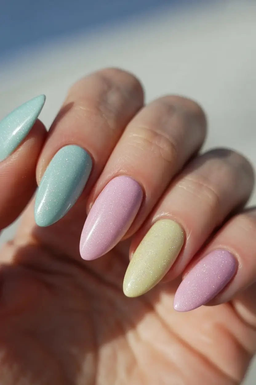 spring to summer season nail art ideas 2026 Shimmering Pastel Rainbow Almond Nails