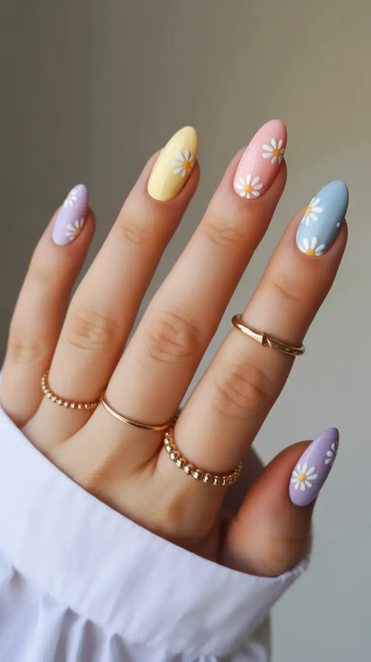 spring to summer season nail art ideas 2026 Pastel Daisy Mix and Match Almond Nails