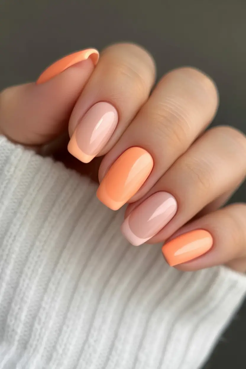 spring to summer season nail art ideas 2026 Peachy Cream and Citrus Orange Color Block Nails