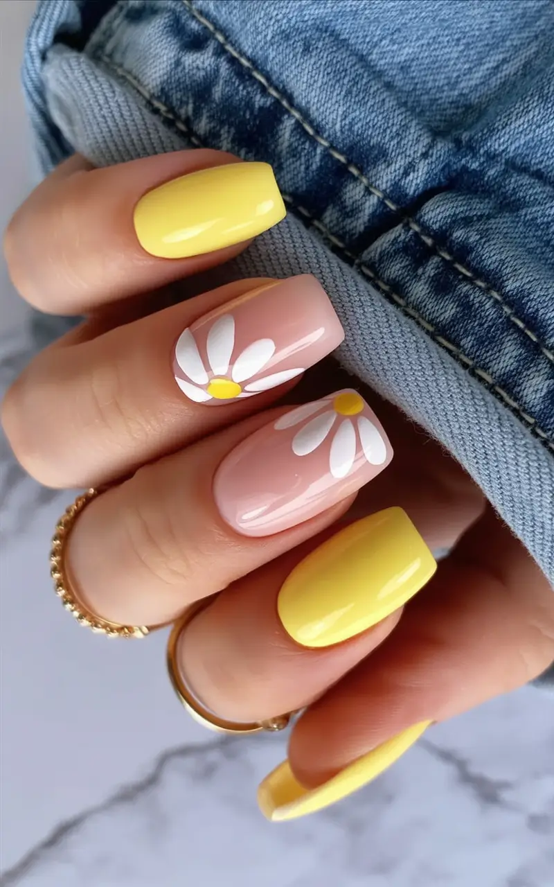 spring to summer season nail art ideas 2026 Butter Yellow and Nude Daisy Square Nails