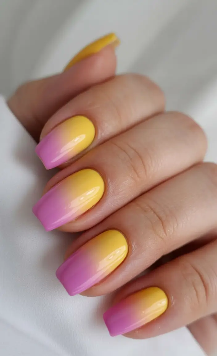 spring to summer season nail art ideas 2026 Sunset Pink and Yellow Gradient Square Nails