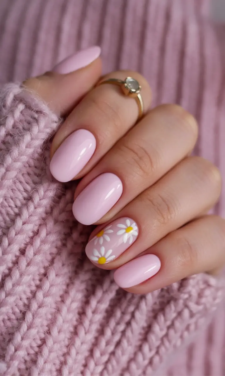 spring to summer season nail art ideas 2026 Soft Blush Daisy Accent Nails
