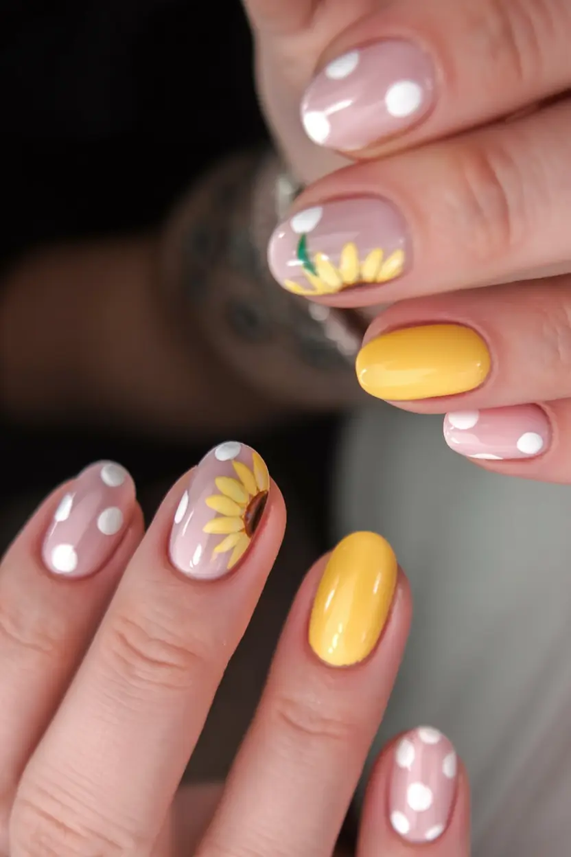 spring to summer season nail art ideas 2026 Sunny Sunflower and Polka Dot Spring Nails