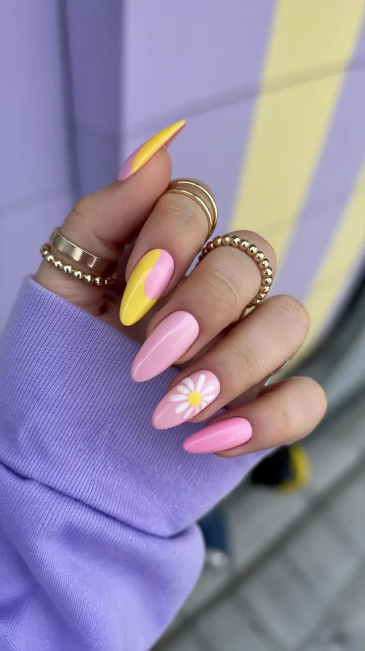 spring to summer season nail art ideas 2026 Pink and Lemon Daisy Almond Nails