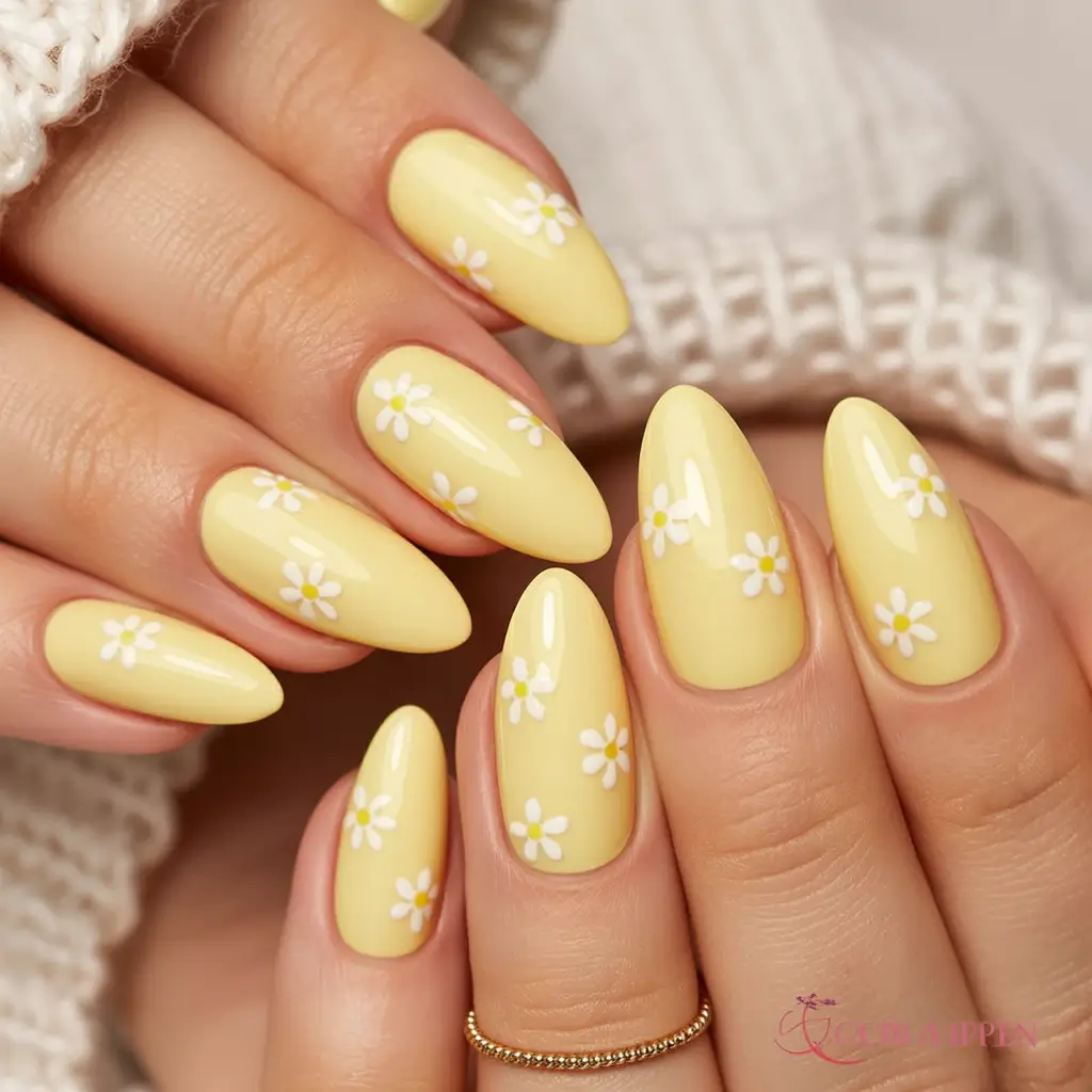 spring to summer season nail art ideas 2026 Butter Yellow Micro Daisy Almond Nails