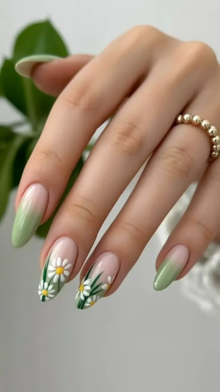 spring to summer season nail art ideas 2026 Fresh Green Daisy Gradient Almond Nails