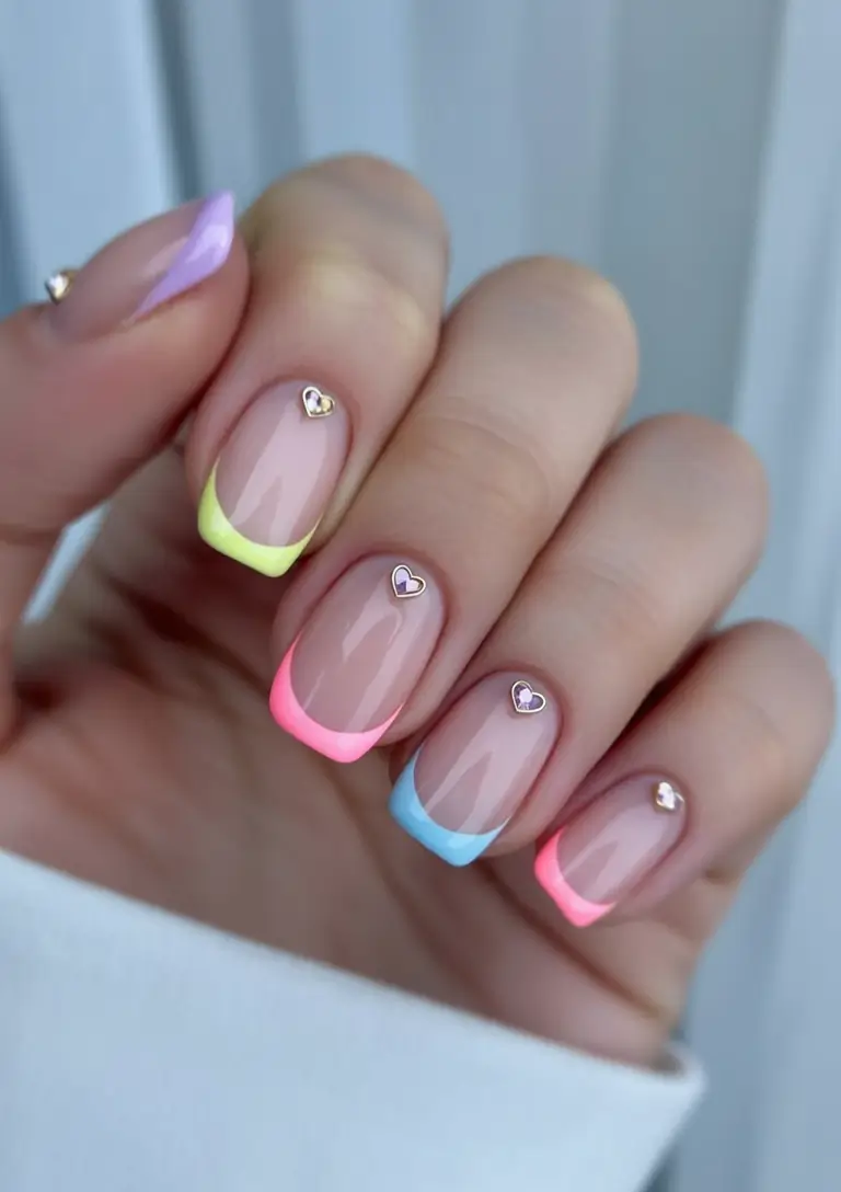 spring to summer season nail art ideas 2026 Pastel Neon French Tips with Tiny Heart Charms