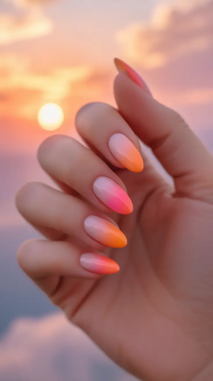 spring to summer season nail art ideas 2026 Sunset Ombré Almond Nails with Warm Coral Gradients
